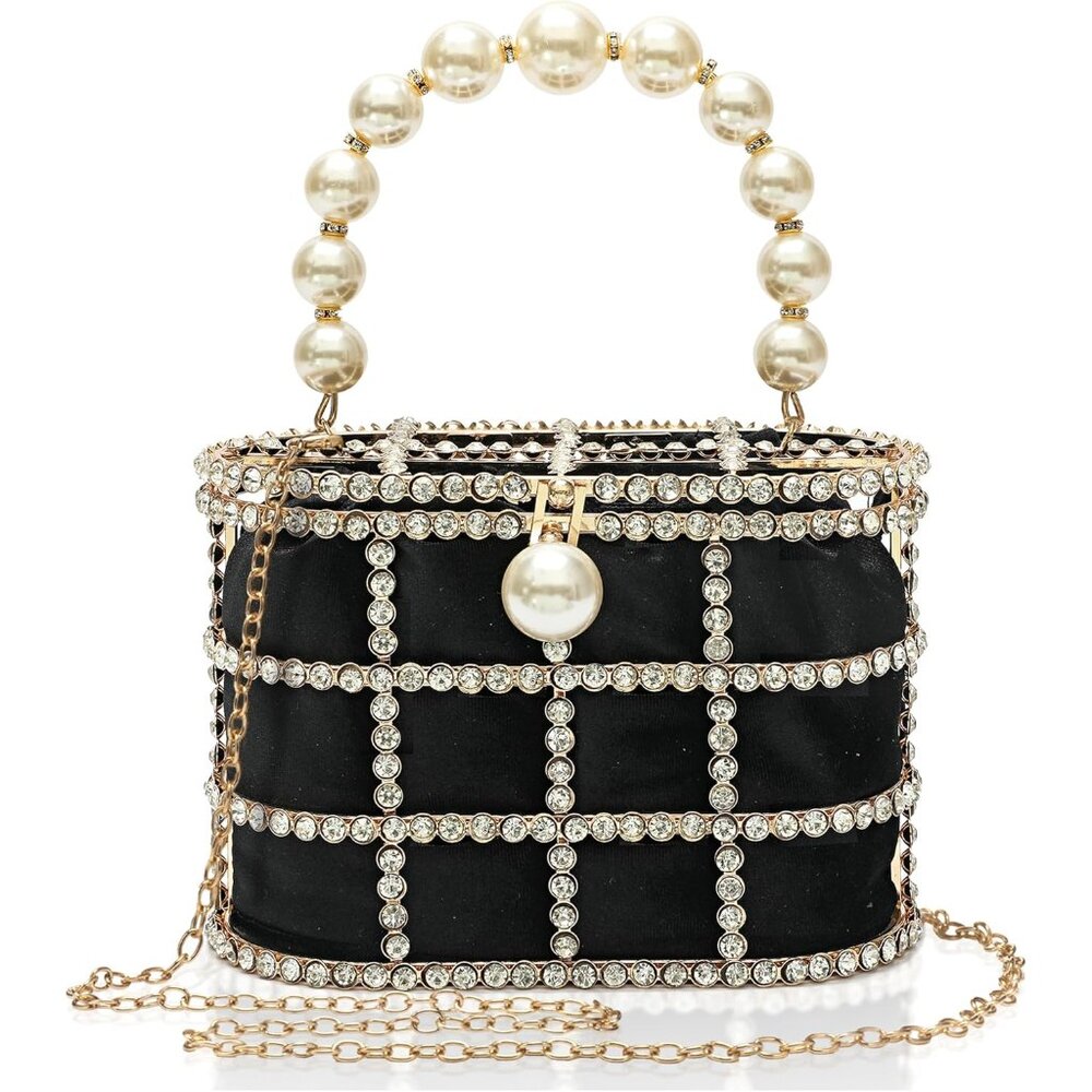 Elegant Black Velvet Pearl Diamond Evening Clutch with Detachable Chain for Wedd
